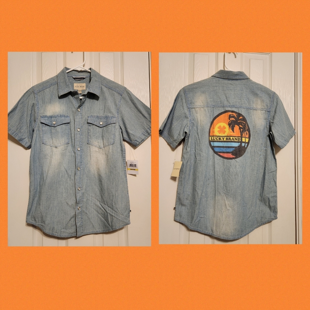 🍀 NWT Lucky Brand Boys Pearl Snap Denim Shirt with Back Design Size Medium